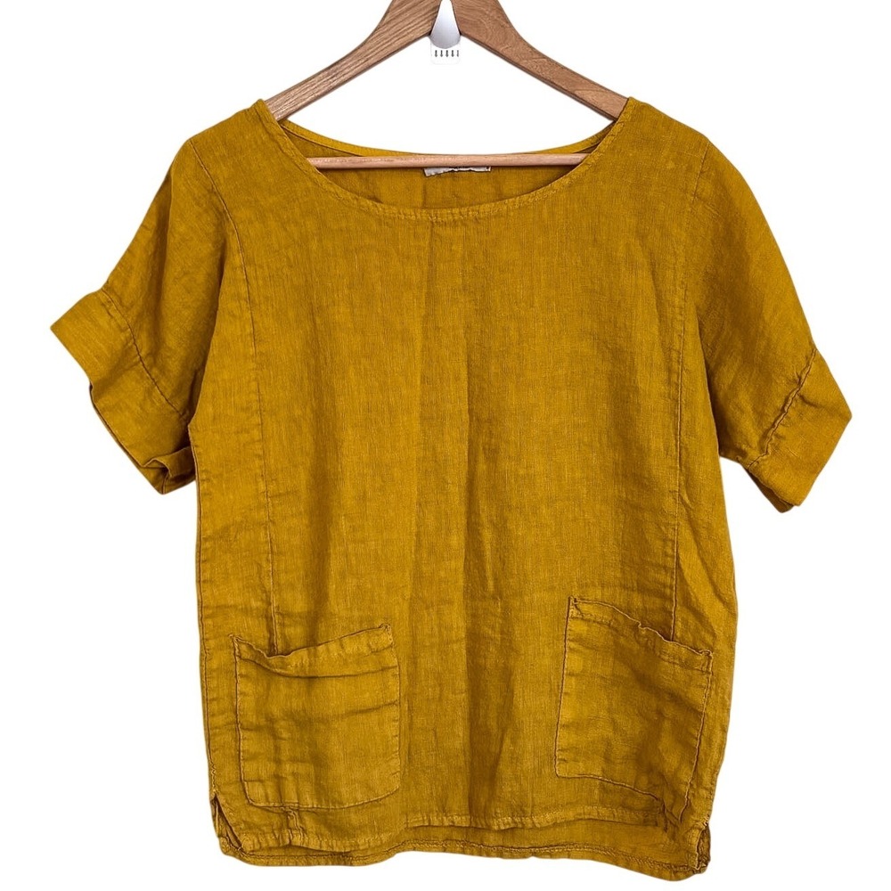 Francesca Bettini Womens Boho Linen Top Size S Mustard Yellow Pockets Made Italy